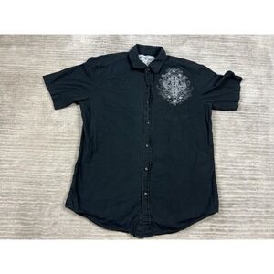 Chalc Shirt Mens Large Black Button Front Short Sleeve Graphic Print Pocket